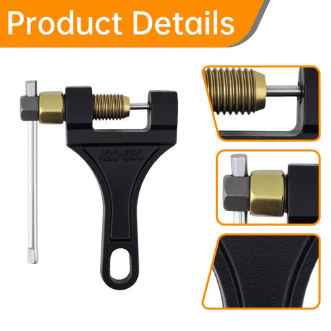 Universal Chain Breaker Tool Kit With 15 Piece Master Link Pins For 420 428 530 Chains Beefy Heavy Duty Steel For Motorcycle ATV Dirt Bike Scooter Bicycle Tractor, showing close-up details of black steel construction.