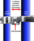 Heavy Duty Galvanized Chain Link Fork Latch With Padlock Hole For 1-7/8 Inch Gate Frame And 4 Inch Fence Post, side view, showing padlock hole and installation spacing.