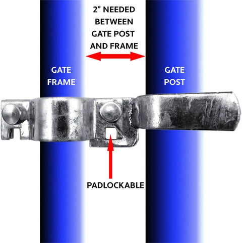 Galvanized Chain Link Fork Gate Latch 1-7/8 Inch by 2-3/8 Inch with Padlock Hole Heavy Duty Fence Gate Hardware Fits Standard Chain Link Frames Case of 25 showing installation detail for padlockable latch.
