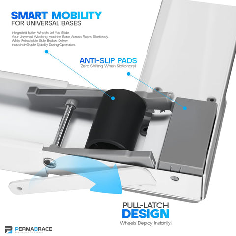 Heavy Duty Washing Machine Stand With Wheels For Front Load And Top Load, Beefed Up Anti Vibration Base, 250 Kg Capacity, Retractable Brakes, Adjustable Depth From 38 To 60 Cm, White