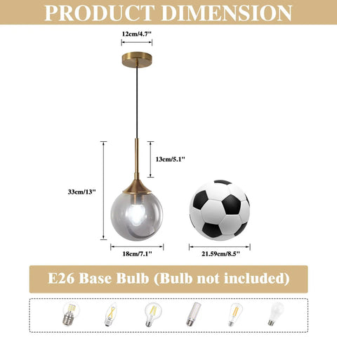 Smoked Glass Globe Pendant Light Brushed Gold Finish For Kitchen Island And Dining Room with dimensions and soccer ball size comparison.
