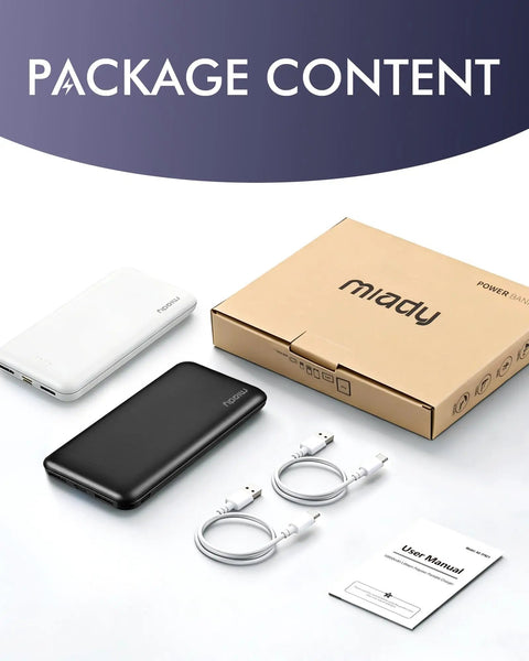 Slim Two Pack Portable Charger And 10000 Mah Power Bank For Travel with cables and manual displayed on white background.