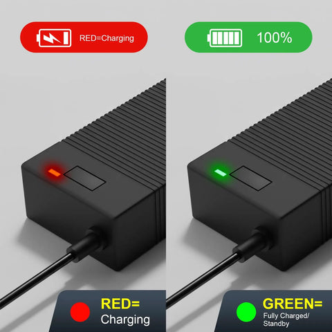 54.6V 2A Electric Charger for 48V Lithium Battery Packs 13S Li-Ion showing red and green charging indicator lights