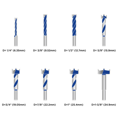 Carbide Tipped Forstner Bit Set 8 Piece Wood Drilling Kit With Pro Grade Precision Bits In 1/4 3/8 1/2 5/8 3/4 7/8 1 1-3/8 Inches