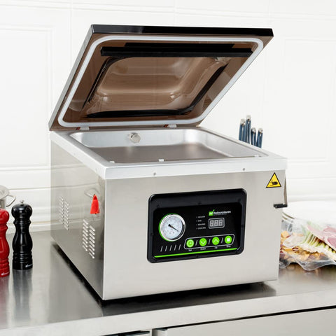 Pro Grade Chamber Vacuum Sealer Packs A Solid Punch With Sturdy 16 Inch Seal Bar And Whisper Quiet Motor. Compact stainless steel design with control panel.