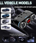 Heavy Duty Wireless Car Charger For Toyota RAV4 EV With Independent Switches And Led Voltage Display Plus 150W Quick Charge 3 showing dual USB ports and LED display.