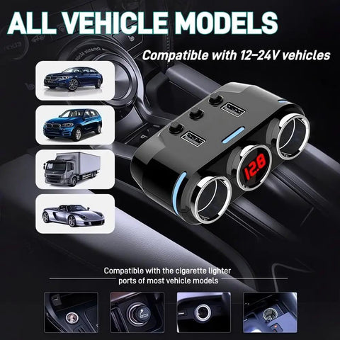 Heavy Duty Wireless Car Charger For Toyota RAV4 EV With Independent Switches And Led Voltage Display Plus 150W Quick Charge 3 showing dual USB ports and LED display.