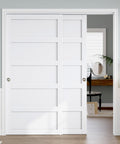 Sliding Closet Door 72x80 Inches, 5-Panel Bypass Barn Doors With Hardware Track Kit, White Finish, installed in bedroom doorway.