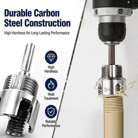 DGQ Heavy Duty Pipe Threading Tool Set with carbon steel cutter in action, cutting 3/4 inch PVC pipe using electric drill.