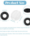 Six Piece Eyeglass Repair Kit With Glasses Temple Grips And Silicone Hinge Tighteners. Black silicone grips with dimensions for eyeglass repairs.