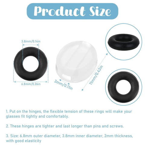 Six Piece Eyeglass Repair Kit With Glasses Temple Grips And Silicone Hinge Tighteners. Black silicone grips with dimensions for eyeglass repairs.