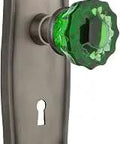Prairie Plate Privacy Door Knob Set With Keyhole Emerald Crystal Glass Knobs In Antique Pewter Finish Two And Three Quarter Inch Backset Solid Brass Plates For Restoration And An Old School Bedroom Or Bathroom Privacy Upgrade close-up