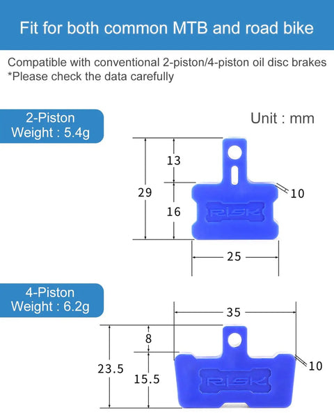 All In One Pro Grade Hydraulic Disc Brake Pad Spacer Set diagram for MTB road bikes, showing dimensions and weights for 2 and 4-piston models