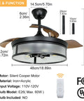 Industrial 42 Inch Ceiling Fan With Light And Retractable Blades, Vintage Acrylic Chandelier Style, Iron Frame, Remote Control
