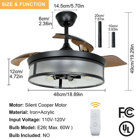 Industrial 42 Inch Ceiling Fan With Light And Retractable Blades, Vintage Acrylic Chandelier Style, Iron Frame, Remote Control
