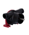 Drill Pump Attachment with self priming water transfer, black plastic body, red base, three quarter inch hose connection, side view