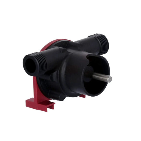 Drill Pump Attachment with self priming water transfer, black plastic body, red base, three quarter inch hose connection, side view