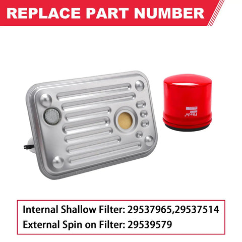 Beefed Up Transmission Filter Kit For 1000 And 2000 Series Autos Fits 2001 2010 Chevy Silverado And GMC Sierra 66L Duramax Diesel Internal Shallow Filter Plus Spin On Filter Replaces 29539579 image showing shallow filter and red spin-on filter