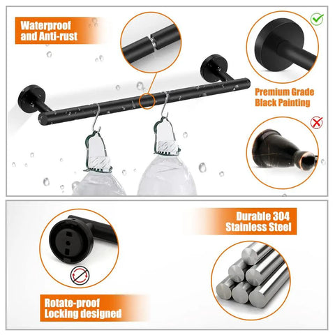 Matte Black Stainless Steel Bathroom Hardware Set With 24 Inch Hand Towel Bar Toilet Paper Holder Three Robe Towel Hooks Wall Mounted Kit Built Tough With SUS304 Stainless Corrosion Resistant Bath Accessories featuring waterproof design, durable black painting, and durable 304 stainless steel features.