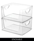 Stackable Open Front Kitchen Storage Bin With Handles Clear Plastic Organizer For Pantry Cabinets And Drawers See Through Design For Quick Access Durable Made In USA Storage Solution