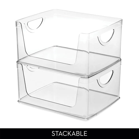 Stackable Open Front Kitchen Storage Bin With Handles Clear Plastic Organizer For Pantry Cabinets And Drawers See Through Design For Quick Access Durable Made In USA Storage Solution