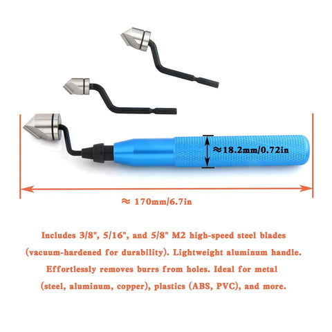 Four Piece Deburring Tool Set For Five Sixteenth Inch Three Eighth Inch And Five Eighth Inch AC Copper Lines Manual Rotary Chamfer Tool With 360 Degree Cutting Heads For Smooth Edges On Copper Steel Aluminum And Plastic, showing cutter heads and handle dimensions.