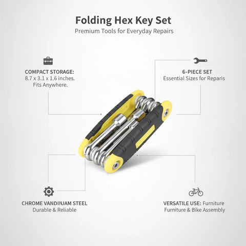 Compact 6-Piece Chrome Vanadium Hex Key Set For Furniture Assembly Bike Repair And Diy Projects Heavy Duty Folding Allen Wrench Kit folded, 8.7 x 3.1 x 1.6 inches
