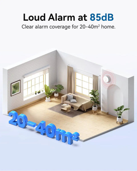 Heavy Duty Ten Year Life Smoke Detector legit fire alarm shown in living room with 85dB alarm for 20-40m² coverage.
