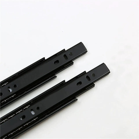 Close-up of black 40 Wide Three Section Drawer Slide With Silent Ball Bearing Action Slick Glide Rails For Office Furniture 14 Inch