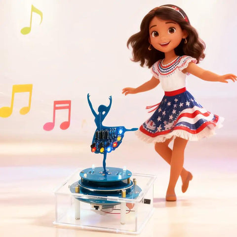 Soldering Practice Kit With DIY Rotating Music Box and RGB LED lights in acrylic case, next to a doll, showcasing electronic components.