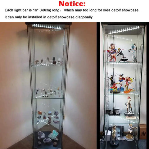 Display cabinet with Linkable 4x16 Inch LED Light Bar Kit providing warm white lighting for collectibles and showcase items.