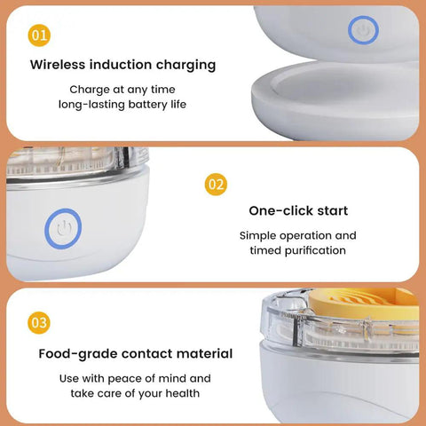 Cordless Electric Produce Washer And Veggie Scrubber Driven By Smart Electrolytic Tech And Heavy Duty Titanium Rods For A Legit Deep Clean On Fresh Fruit Rice And Cookware Daily showing wireless charging, one-click start, and food-grade material.