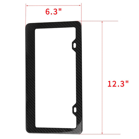 Slick Real Carbon Fiber License Plate Frame 2 Hole Slim Black Gloss Car Tag Holder Rust Proof showing dimensions 6.3x12.3 inches.