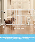 No Drill Pressure Mount Metal Dog Gate For Doorways And Hallways Expandable From 22 To 38 Inches 18 Inches Tall White Indoor Gate With Small Pet Door Easy Setup Rust Resistant And Wall Friendly For Stairs And Openings shown with dog and cat passing through pet door