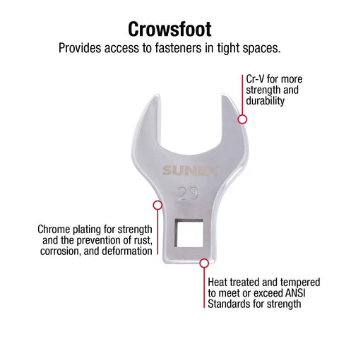 Half Inch Drive Jumbo Metric Crowfoot Wrench Set 8-Piece in chrome with size details and features, showing 29mm, ANSI standard