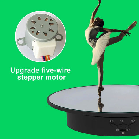 Electric Motorized Rotating Display Stand With 360 Degree Turntable For Product Photography Jewelry Cake And 3D Models That Spins Smoothly Shows Everything From Every Angle Like A Boss At Work, showcasing ballerina figure on shiny platform with motor.