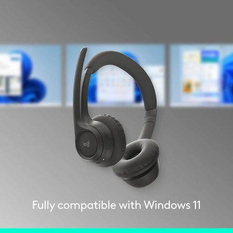 Zone 301 Wireless Bluetooth Headset With Noise Canceling Microphone For Calls And Meetings Works With Windows Mac Chrome OS Linux iOS iPadOS Android Graphite against blurred screen background.