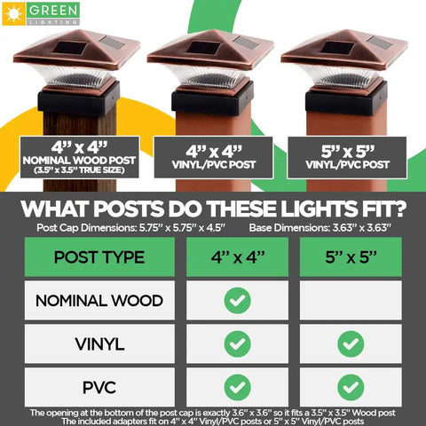 8 Pack Siena Solar Post Cap Deck Lights For 4x4 Wood Posts And 4x4 Or 5x5 PVC Vinyl Posts Bronze Finish Compatibility Chart