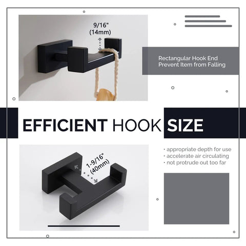 Double Towel Hook Matte Black Stainless Steel Bathroom Towel Holder Wall Mount For Towels Robes Coats And Bags SUS304 Durable Design With 40mm Depth Non Slip Easy Hang No Fuss Heavy Duty Finish, showing 9/16 inch hook end detail.