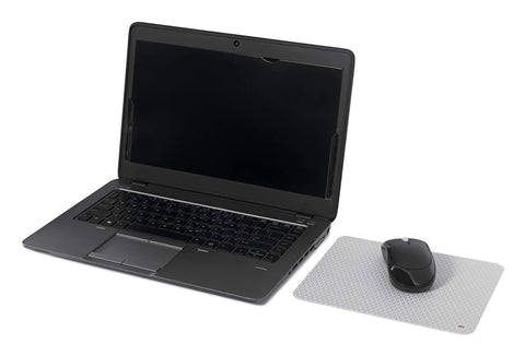 Laptop beside Precise Mouse Pad With Repositionable Adhesive Back For Optical Mice At High Speeds, extends battery life, ultra thin design.