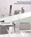 Roman Tub Faucet With Sprayer And Hand Shower Deck Mount 3 Hole Brushed Nickel Finish Wide 4 Inch Waterfall Spout Brass Construction With Ceramic Cartridge Easy Install Bath Faucet showing waterfall spout effect