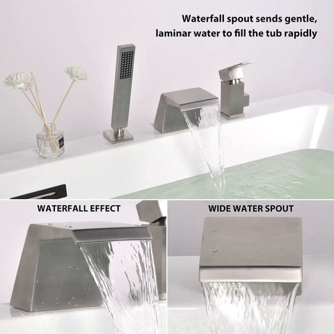 Roman Tub Faucet With Sprayer And Hand Shower Deck Mount 3 Hole Brushed Nickel Finish Wide 4 Inch Waterfall Spout Brass Construction With Ceramic Cartridge Easy Install Bath Faucet showing waterfall spout effect