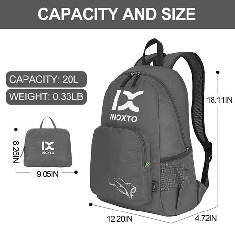 Gray 20L lightweight hiking daypack for outdoors foldable travel backpack with two large compartments and one small.