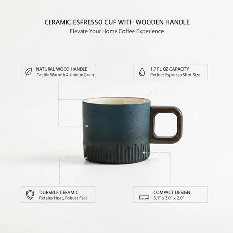 Gotta Love This Ceramic Espresso Cup With A Natural Wood Handle Kickin Up Your Daily Brew Routine While Keeping Things Cool To Touch And Looking Sharp On Any Counter Space, 1.7 oz size.