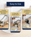 Stainless steel French fry cutter with non-slip suction cups; multi-view shows potato insertion, press, and fries.