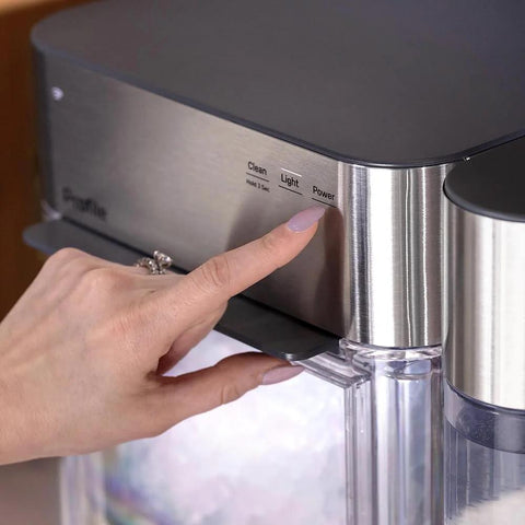 GE Profile Opal 2.0 stainless nugget ice maker; front control panel with Power button.