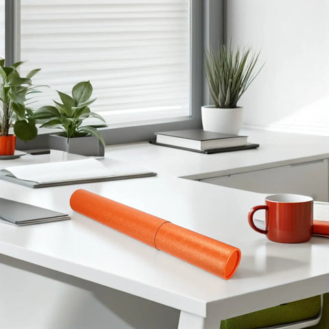 Orange tube on white desk in office setting with plants and books, not showing Adjustable Telescoping Poster Tube 52 to 95 cm for Posters.
