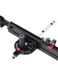 Heavy Table Saw Miter Gauge With Micro Adjust Flip Stop And Extensible Aluminum Fence From 18 To 32 Inches featuring 13 angle stops and measuring scale.