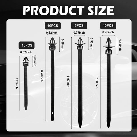 Product size chart for 130 Piece Wire Loom Clips Kit With Five Sizes showing clip dimensions