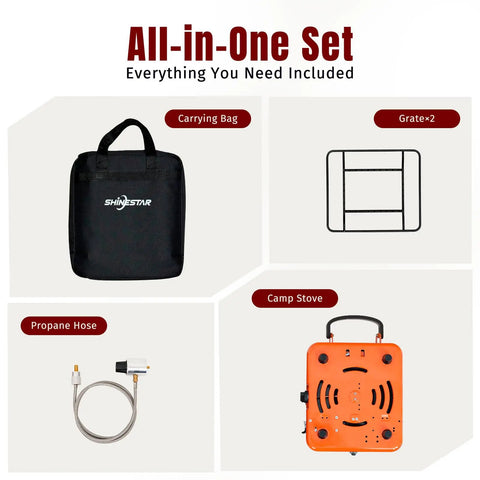 Two Burner Portable Camping Stove With Carry Bag No-Fuss 17000 BTU Propane Camp Stove components including hose and grates.